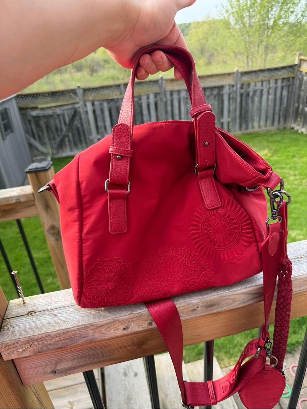 Desigual Red Embroidered Nylon Tote Bag Crossbody Purse Convertible - Picture 2 of 16